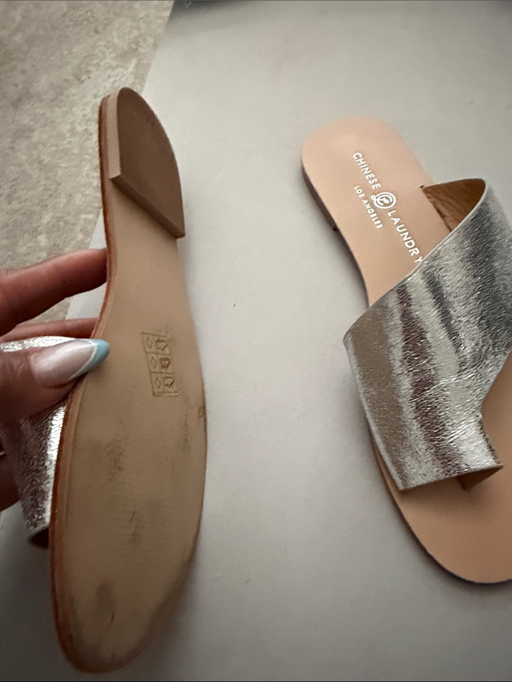Chinese Laundry Metallic Silver Leather Toe-Loop Slides - Picture 2 of 3